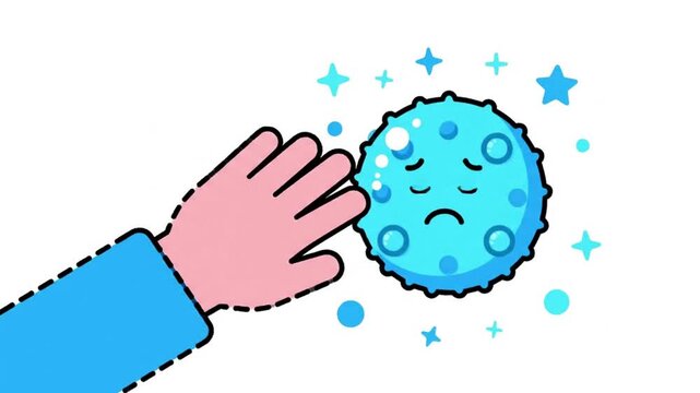 Cartoon hand comforting a sad blue spiky creature with sparkles and stars.