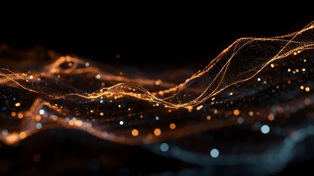 abstract digital particles wave flowing with depth of field and bokeh effect