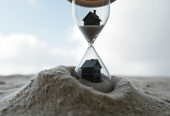 An hourglass featuring a house in its center, resting on sand, symbolizing real estate time. The background features a cloudy blue sky. 