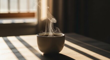 A steaming cup of coffee sits on a wooden table. Soft sunlight casts shadows across the surface, creating a warm and inviting atmosphere.