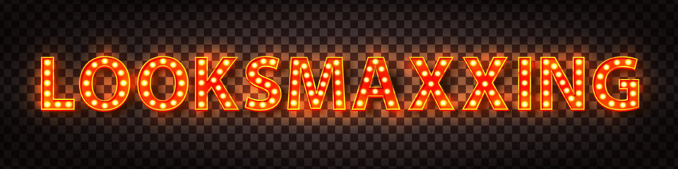 Vector marquee neon sign of Looksmaxxing logo isolated on transparent background.