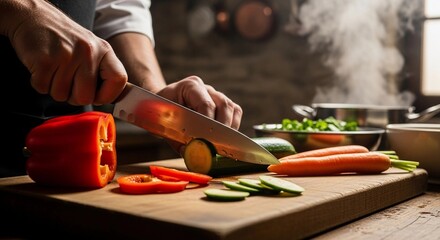 A person with light skin and short hair chops fresh vegetables on a wooden cutting board in a kitchen. Steam rises from a pot in the background.