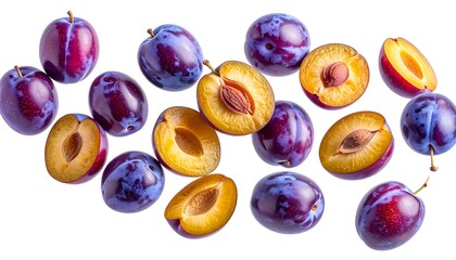 Assorted whole and halved plums in a top-down view