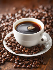 Fototapeta premium A steaming cup of black coffee on a white saucer surrounded by scattered roasted coffee beans on a wooden surface with rich warm tones