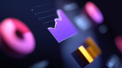 Business strategy illustration, flat minimal icons, charts, graphs, abstract futuristic glowing digital background