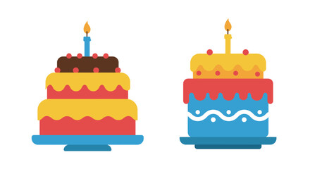 Two colorful tiered cakes with lit candles a delightful celebration image