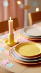 Bright melamine plates stacked on a wooden table with a candle and colorful star-shaped decorations, creating a cheerful and inviting dining atmosphere for gatherings and celebrations