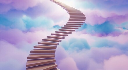 A winding staircase ascends through fluffy clouds, leading towards a bright light. The scene evokes a sense of tranquility and wonder.