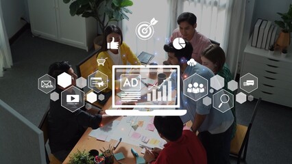 A dynamic group of professionals collaborates in a modern office, surrounded by digital marketing visuals, fostering creativity and strategic planning for future opportunities. Raster