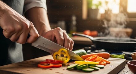 A person with short hair chops colorful vegetables on a wooden cutting board in a kitchen. Fresh ingredients include bell peppers, carrots, and zucchini.