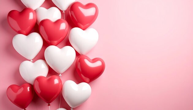 Heart-shaped balloons arranged on a pastel pink background