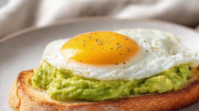 A slice of toasted bread topped with mashed avocado and a sunny-side-up egg, sprinkled with black pepper.