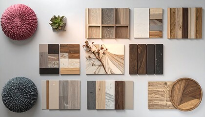 Assorted wood and stone samples arranged on a white surface