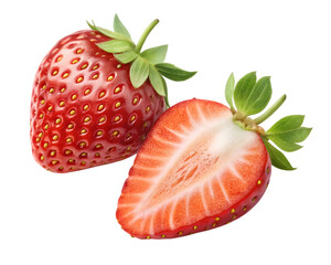 Close up of a whole strawberry and a halved strawberry on black fruit green