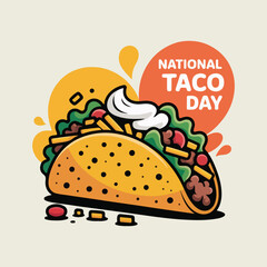Minimalist flat vector illustration of tacos with colorful toppings, bold outlines, and playful design elements, perfect for National Taco Day celebrations, clipart, and digital art