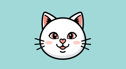 Cartoon illustration of a white cat's head with pink inner ears, cheeks and nose, against a light blue background.