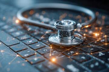 Close-up of a stethoscope resting on a computer keyboard with glowing digital network connections illustrating healthcare technology and medical data integration