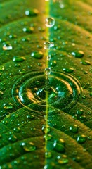 Close-up of a green leaf with water droplets. The droplets create ripples on the surface, showcasing nature's beauty and freshness.