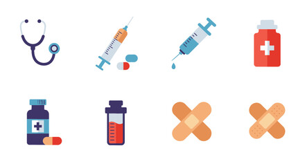 Medical equipment and supplies illustration with syringes pills and bandages