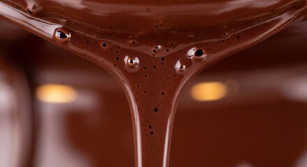 Rich, melted chocolate flows smoothly, creating a glossy texture. The scene captures the indulgent essence of dessert preparation.