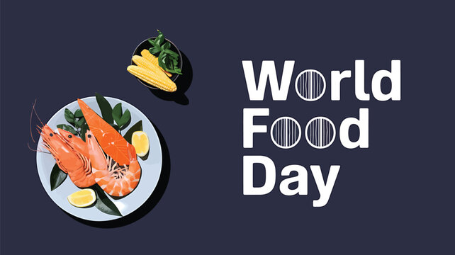 Vector art of world food day concept with gourmet seafood dish featuring grilled shrimp and lemon slices, emphasizing global food appreciation and culinary excellence