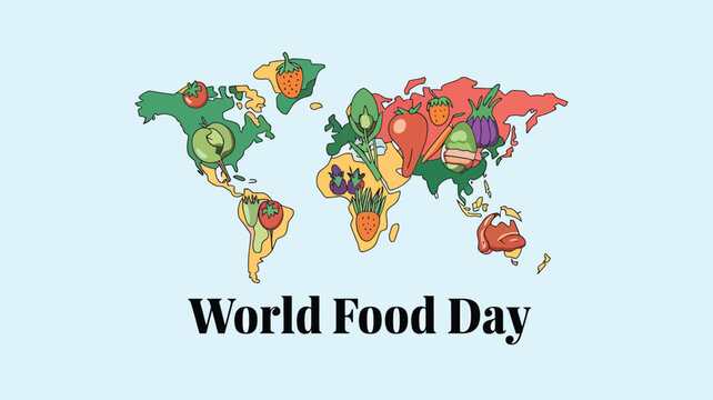 Vector art of world map made of diverse fruits and vegetables, representing global food diversity and abundance on world food day