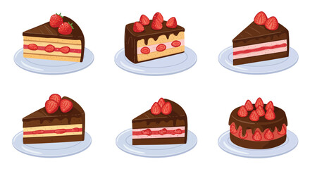 Delicious strawberry shortcake slices and whole cakes on white plates