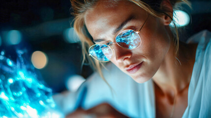 Office worker using a holographic AI assistant with digital files and data projections, depicting future technology, efficiency, and advanced business solutions