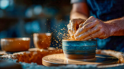 Close-up of artisan's hands shaping wet clay on a spinning pottery wheel in a ceramics studio, captured with warm, earthy tones. Focus on craft