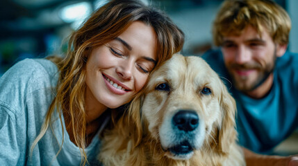 Multigenerational family joyfully playing with their golden retriever dog on the living room floor. Modern, bright home, love and togetherness
