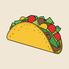 Minimalist flat vector illustration of tacos with colorful toppings, bold outlines, and playful design elements, perfect for National Taco Day celebrations, clipart, and digital art