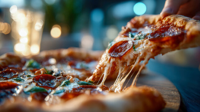 Close-up of a hand lifting a slice of pepperoni pizza with stringy melted cheese. Appetizing and casual dining scene.
