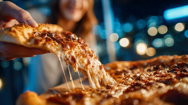 Hand lifting a slice of cheesy pizza at night during a social gathering. Delicious melted cheese, focus on food and hands.