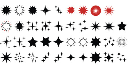 Collection of diverse star shapes and sparkling light effects in black and red