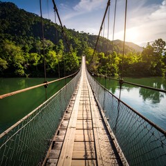 Wooden suspension bridge over a river