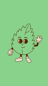 Retro cartoon green leaf character waving hand. Cute eco mascot in looped 2D animation for logo, organic food, eco packaging, healthy lifestyle, and children media projects.