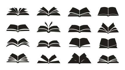 Set of Black Open Book Icons. Collection of various book silhouettes symbolizing reading, education, learning, library, and knowledge.