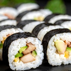 Delicious Sushi Rolls on Dark Surface.