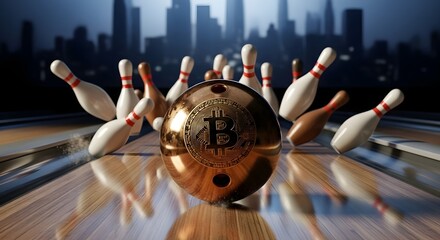 Bitcoin bowling ball on modern corporate bowling lane