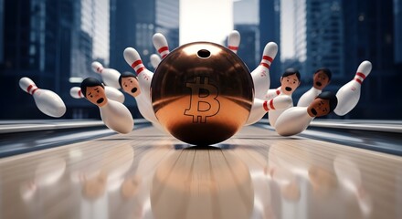 Cryptocurrency-themed bowling ball about to hit pins