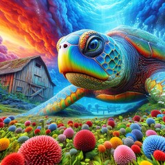 Turtle in flower field