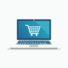Online shopping with laptop displaying cart symbol promotes digital commerce and retail