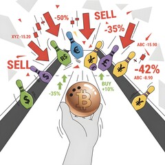 Bitcoin bowling ball targeting market currency pins with hand and buy sell arrows