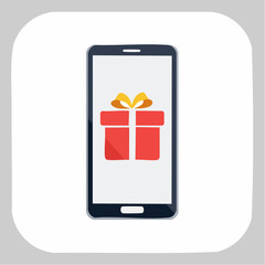 Digital gift giving concept illustrated by a mobile phone displaying a gift box icon for online