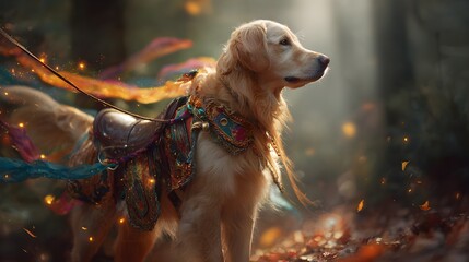 Golden retriever with luxurious costume and jewelled harness in forest