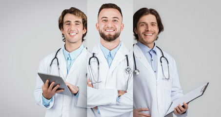 Three healthcare providers, a man and a woman from diverse backgrounds, engaged in medical discussion and patient care while dressed in lab coats and using tablets for communication.