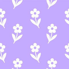 Seamless vector illustration featuring a repeating pattern of white flowers on a vibrant purple background. Ideal for textiles, wallpapers, and graphic design projects.