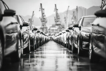 Obraz premium Rows of parked new cars lined up at a shipping port with industrial cranes and misty mountains in the background on a rainy day in monochrome style