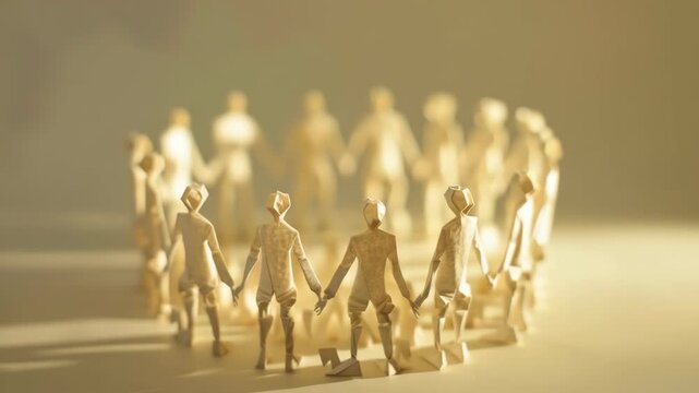 Group of tiny figurines holding hands