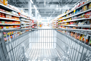 Empty shopping cart in a brightly lit grocery store aisle